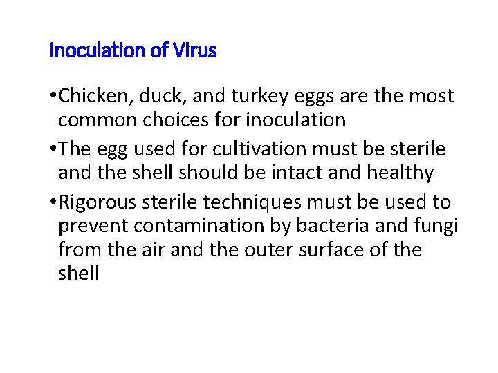 Inoculation of Virus • Chicken, duck, and turkey eggs are the most common choices