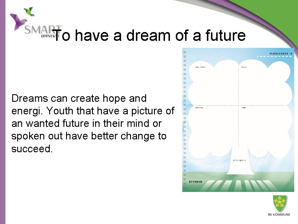 To have a dream of a future Dreams can create hope and energi. Youth