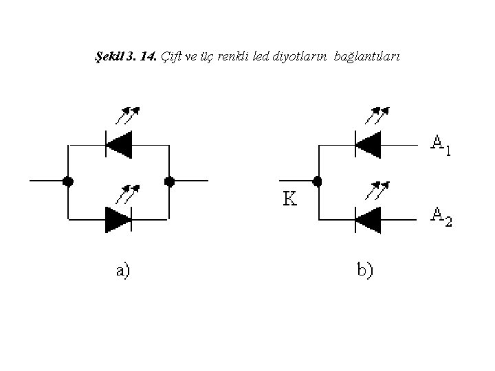 Şekil 3. 14. Çift ve üç renkli led diyotların bağlantıları 