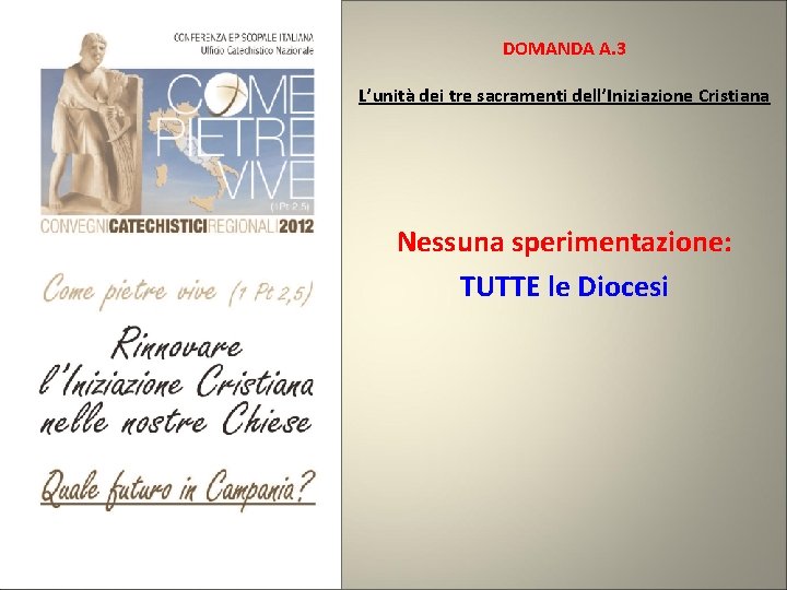 DOMANDA A. 3 L’unità dei tre sacramenti dell’Iniziazione Cristiana Nessuna sperimentazione: TUTTE le Diocesi