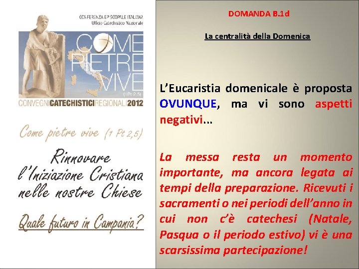  DOMANDA B. 1 d La centralità della Domenica L’Eucaristia domenicale è proposta OVUNQUE,