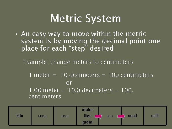 Metric System • An easy way to move within the metric system is by Metric System • An easy way to move within the metric system is by