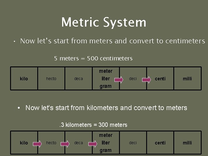 Metric System • Now let’s start from meters and convert to centimeters 5 meters Metric System • Now let’s start from meters and convert to centimeters 5 meters