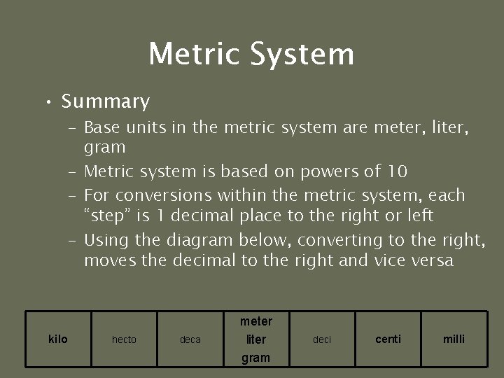 Metric System • Summary – Base units in the metric system are meter, liter, Metric System • Summary – Base units in the metric system are meter, liter,