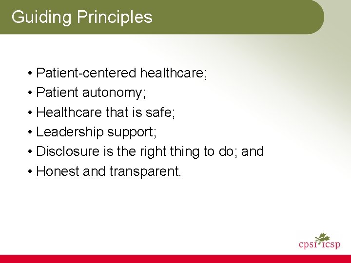 Guiding Principles • Patient-centered healthcare; • Patient autonomy; • Healthcare that is safe; •