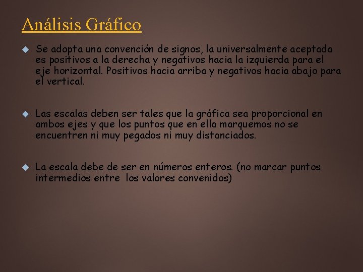 Análisis Gráfico Se adopta una convención de signos, la universalmente aceptada es positivos a