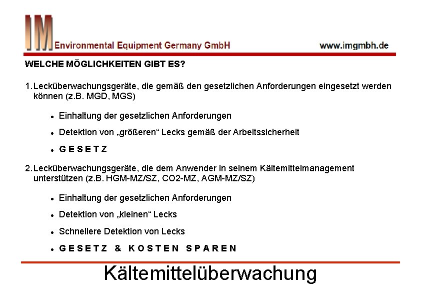 WELCHE MÖGLICHKEITEN GIBT ES? 1. Lecküberwachungsgeräte, die gemäß den gesetzlichen Anforderungen eingesetzt werden können