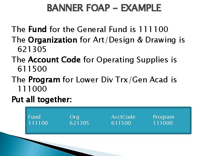 BANNER FOAP - EXAMPLE The Fund for the General Fund is 111100 The Organization