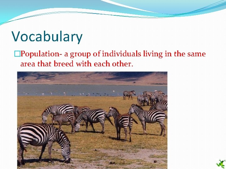 Vocabulary �Population- a group of individuals living in the same area that breed with