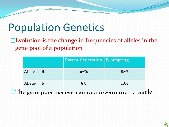 Population Genetics �Evolution is the change in frequencies of alleles in the gene pool