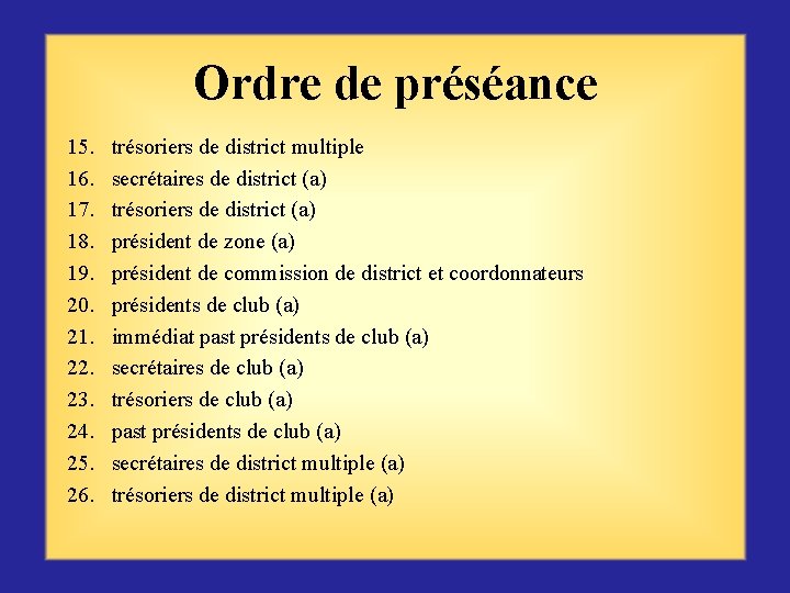 Ordre de préséance 15. 16. 17. 18. 19. 20. 21. 22. 23. 24. 25.