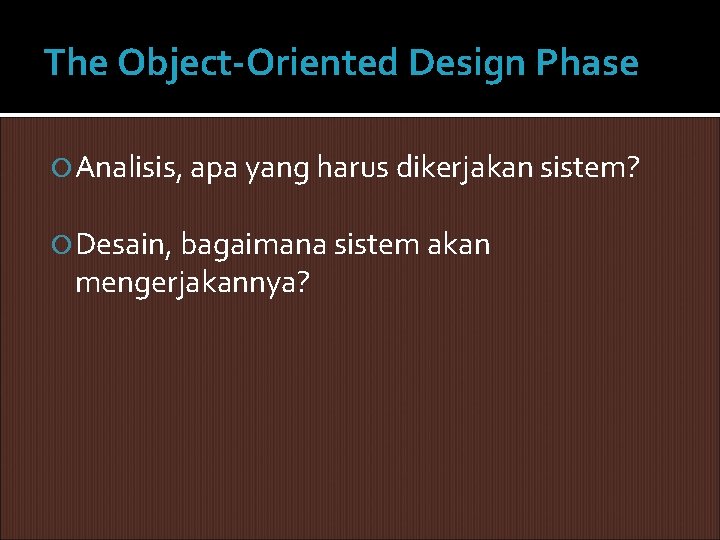 The Object-Oriented Design Phase Analisis, apa yang harus dikerjakan sistem? Desain, bagaimana sistem akan The Object-Oriented Design Phase Analisis, apa yang harus dikerjakan sistem? Desain, bagaimana sistem akan