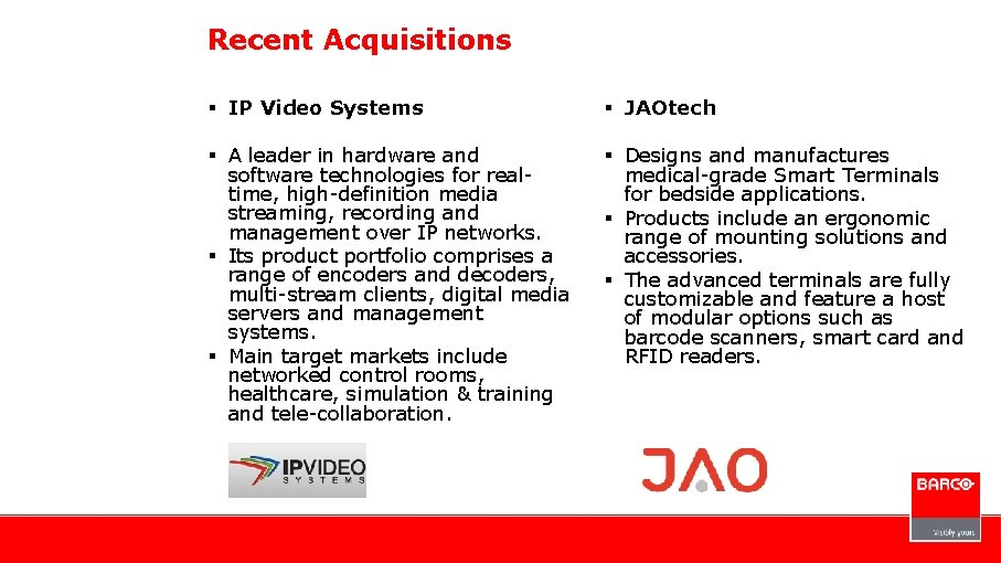 Recent Acquisitions § IP Video Systems § JAOtech § A leader in hardware and