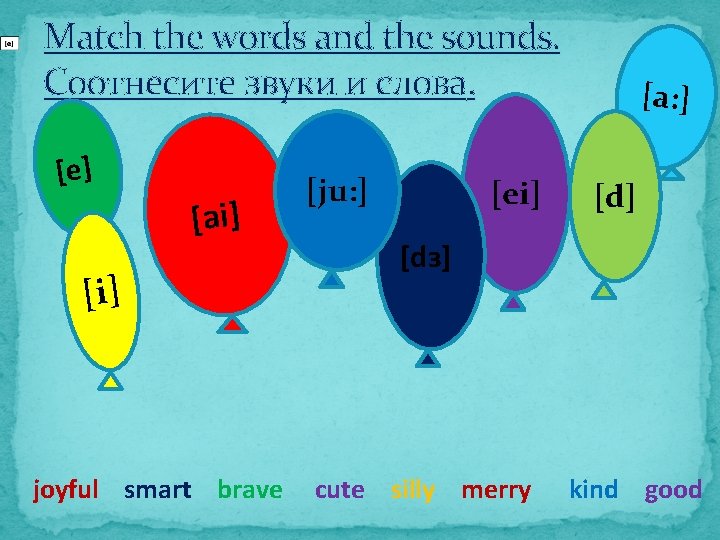 Match the words and the sounds. Соотнесите звуки и слова. [e] [ai] [i] joyful