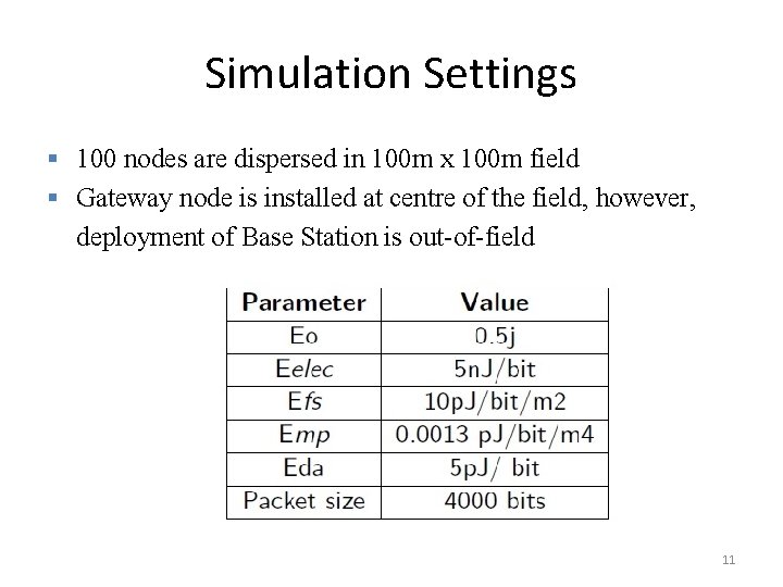 Simulation Settings § 100 nodes are dispersed in 100 m x 100 m field