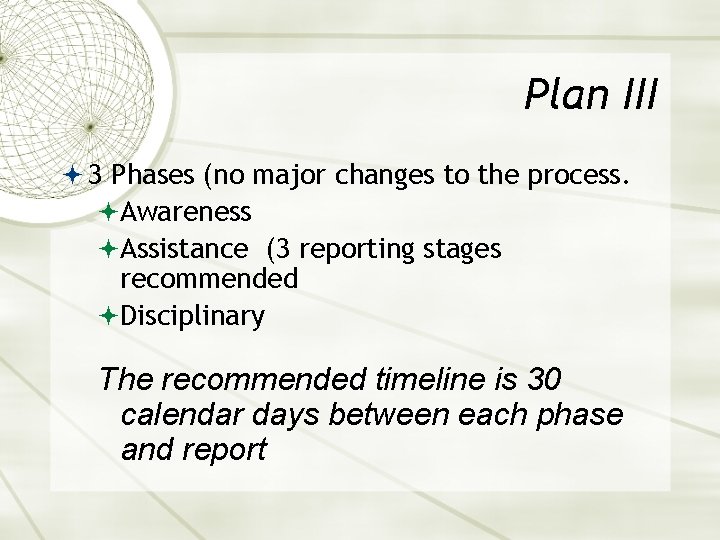 Plan III 3 Phases (no major changes to the process. Awareness Assistance (3 reporting