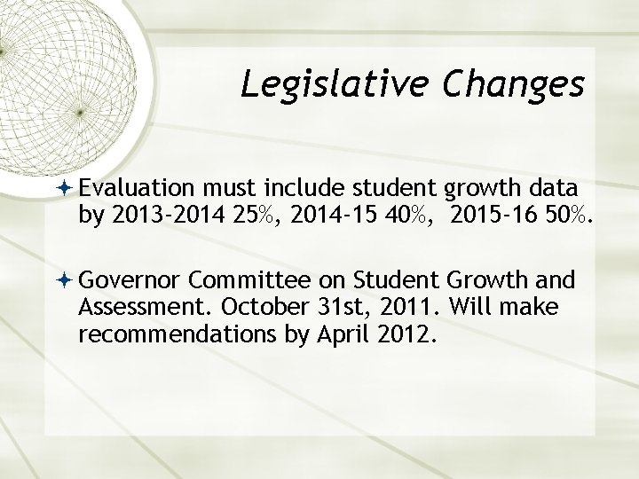 Legislative Changes Evaluation must include student growth data by 2013 -2014 25%, 2014 -15