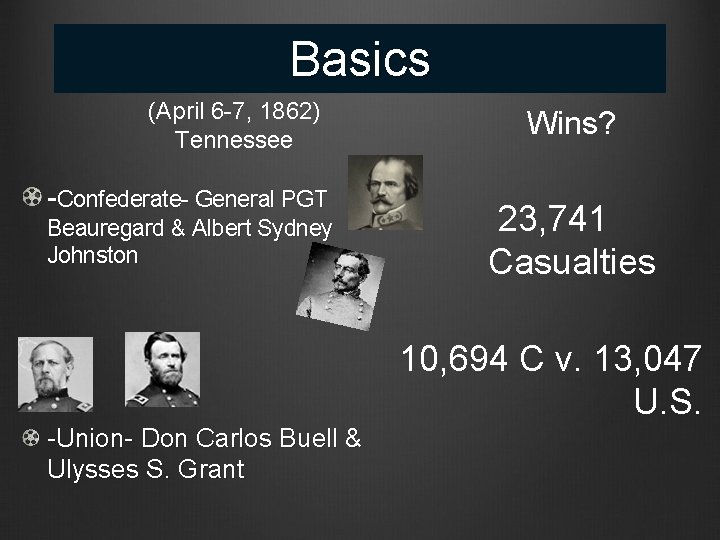 Basics (April 6 -7, 1862) Tennessee -Confederate- General PGT Beauregard & Albert Sydney Johnston