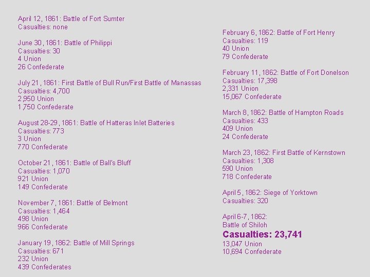 April 12, 1861: Battle of Fort Sumter Casualties: none June 30, 1861: Battle of
