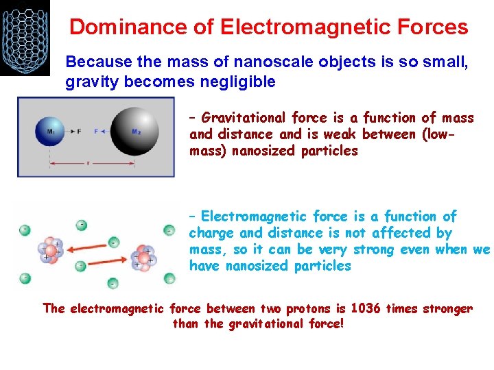 Dominance of Electromagnetic Forces Because the mass of nanoscale objects is so small, gravity