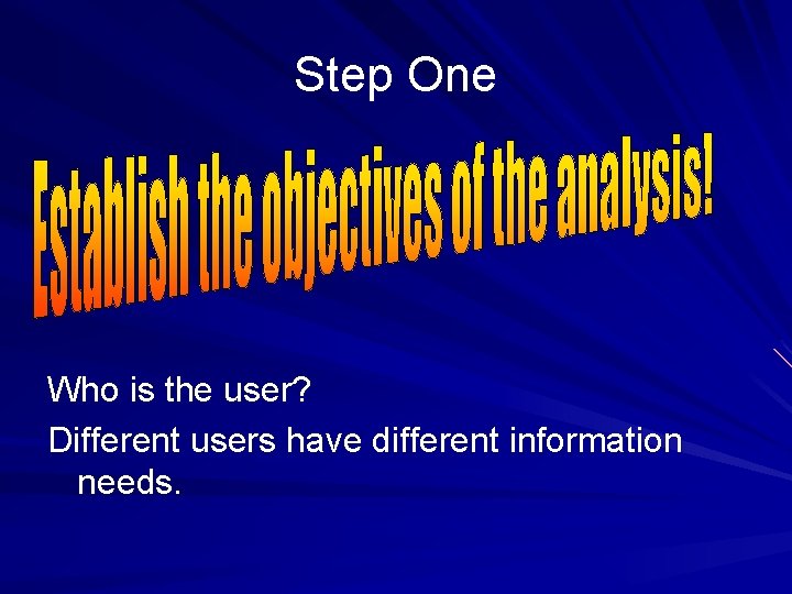 Step One Who is the user? Different users have different information needs. 