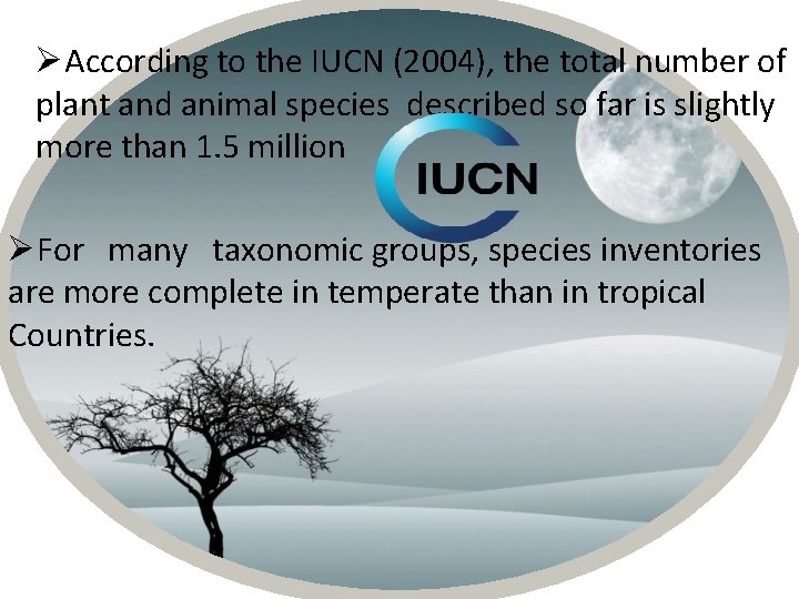 ØAccording to the IUCN (2004), the total number of plant and animal species described