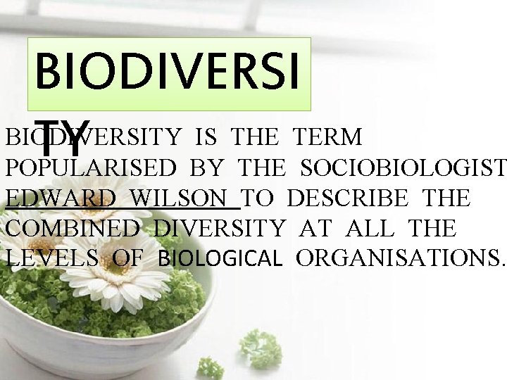 BIODIVERSITY IS THE TERM TY POPULARISED BY THE SOCIOBIOLOGIST EDWARD WILSON TO DESCRIBE THE