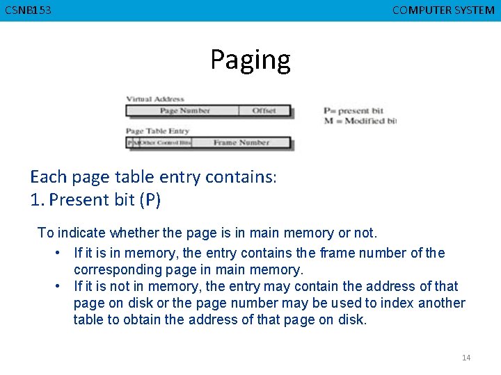 CSNB 153 CMPD 223 COMPUTER SYSTEM COMPUTER ORGANIZATION Paging Each page table entry contains: