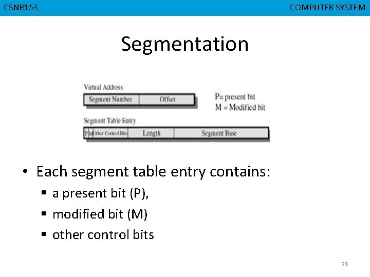 CSNB 153 CMPD 223 COMPUTER SYSTEM COMPUTER ORGANIZATION Segmentation • Each segment table entry