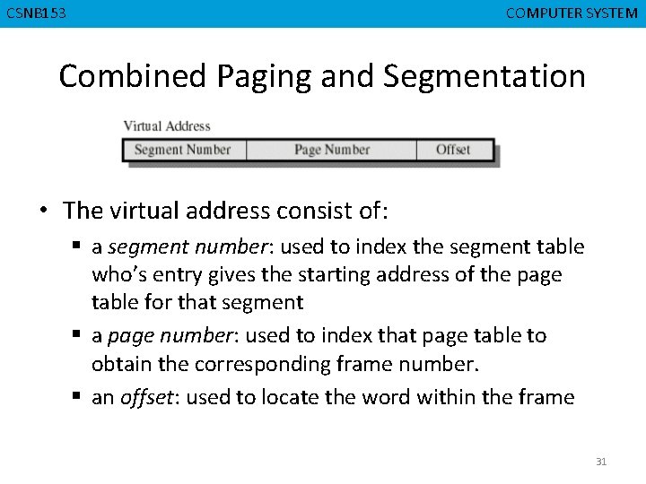 CSNB 153 CMPD 223 COMPUTER SYSTEM COMPUTER ORGANIZATION Combined Paging and Segmentation • The