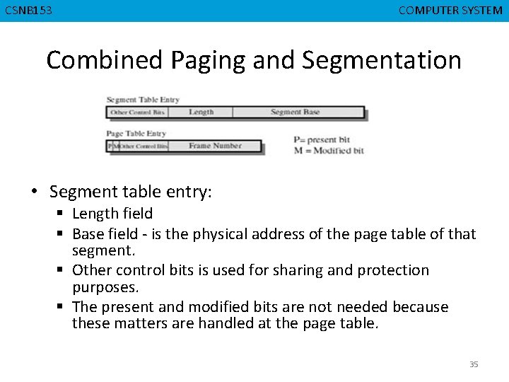 CSNB 153 CMPD 223 COMPUTER SYSTEM COMPUTER ORGANIZATION Combined Paging and Segmentation • Segment