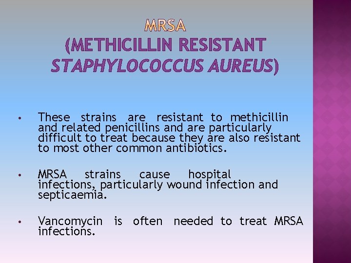 (METHICILLIN RESISTANT STAPHYLOCOCCUS AUREUS) • These strains are resistant to methicillin and related penicillins