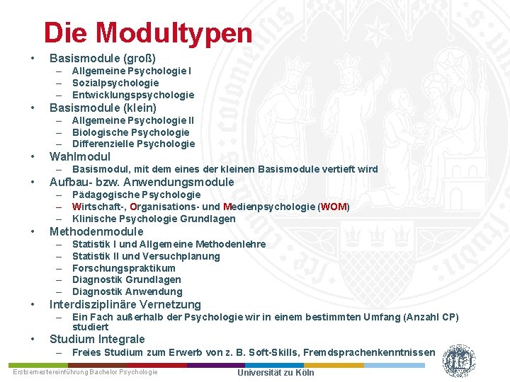 Die Modultypen • Basismodule (groß) – Allgemeine Psychologie I – Sozialpsychologie – Entwicklungspsychologie •