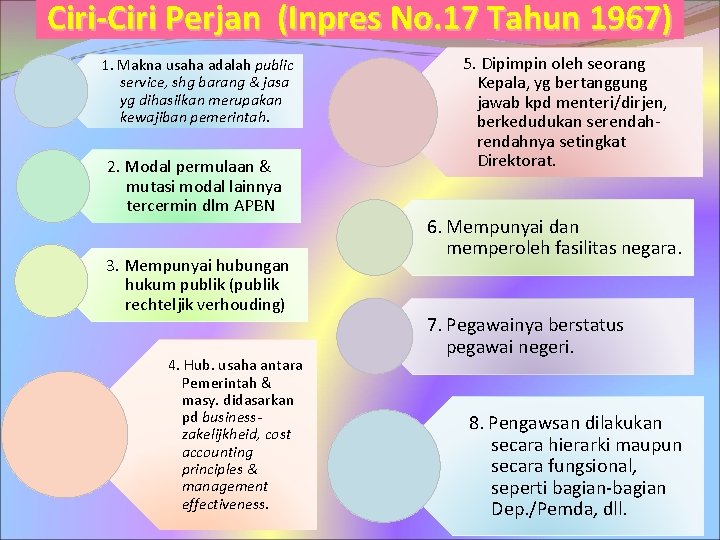Ciri-Ciri Perjan (Inpres No. 17 Tahun 1967) 1. Makna usaha adalah public service, shg