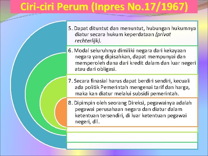 Ciri-ciri Perum (Inpres No. 17/1967) 5. Dapat dituntut dan menuntut, hubungan hukumnya diatur secara