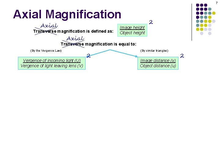 7 Axial Magnification Axial Transverse magnification is defined as: Axial Image height Object height