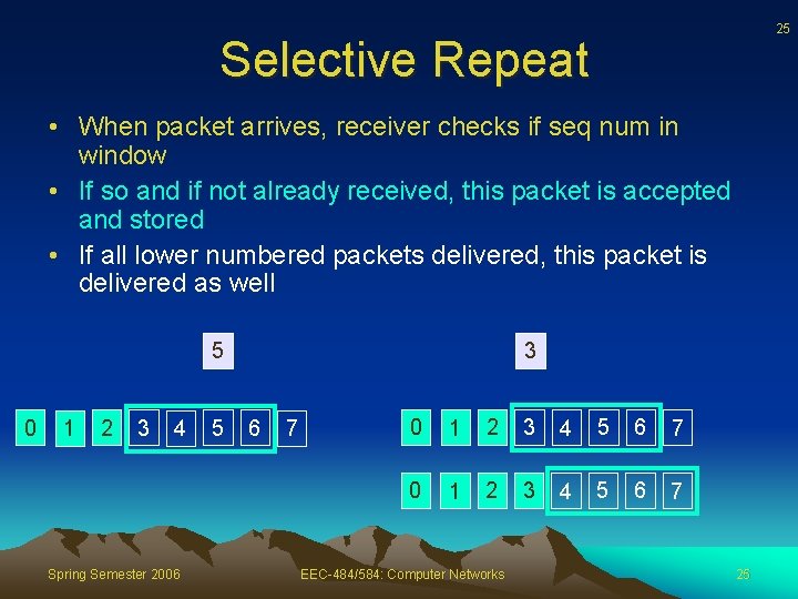 25 Selective Repeat • When packet arrives, receiver checks if seq num in window