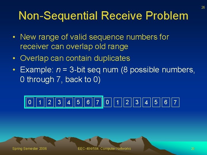 26 Non-Sequential Receive Problem • New range of valid sequence numbers for receiver can