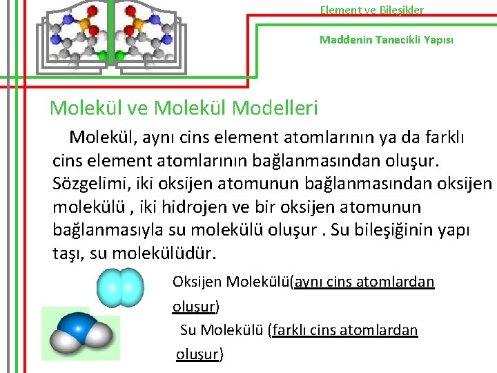 Element ve Bileşikler Maddenin Tanecikli Yapısı Molekül ve Molekül Modelleri Molekül, aynı cins element