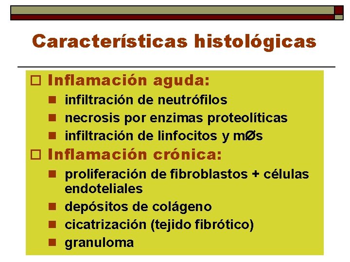 Características histológicas o Inflamación aguda: n infiltración de neutrófilos n necrosis por enzimas proteolíticas
