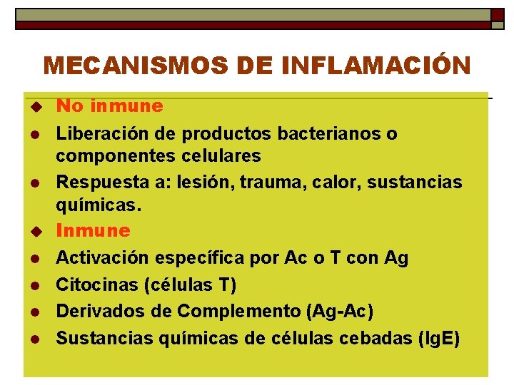 MECANISMOS DE INFLAMACIÓN u l l l l No inmune Liberación de productos bacterianos