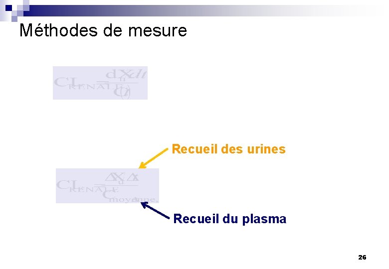 Méthodes de mesure Recueil des urines Recueil du plasma 26 