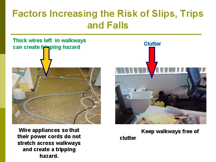Factors Increasing the Risk of Slips, Trips and Falls Thick wires left in walkways