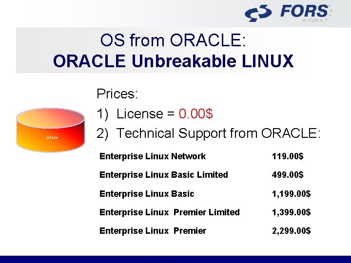 OS from ORACLE: ORACLE Unbreakable LINUX Linux Prices: 1) License = 0. 00$ 2)