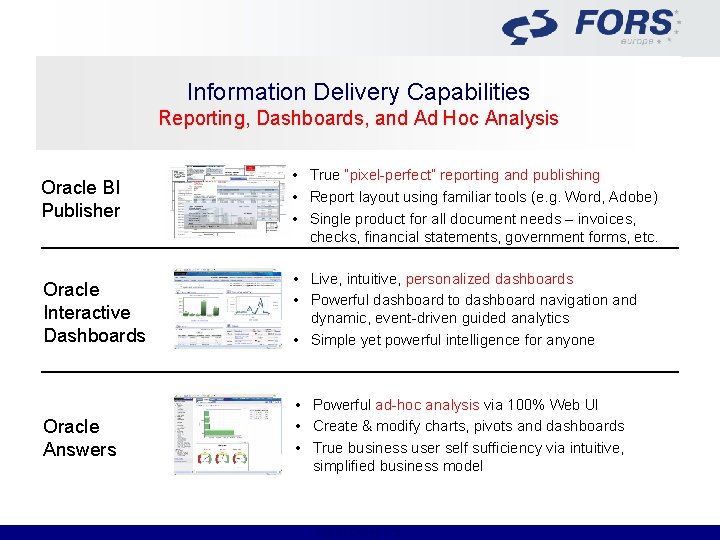 Information Delivery Capabilities Reporting, Dashboards, and Ad Hoc Analysis Oracle BI Publisher • True