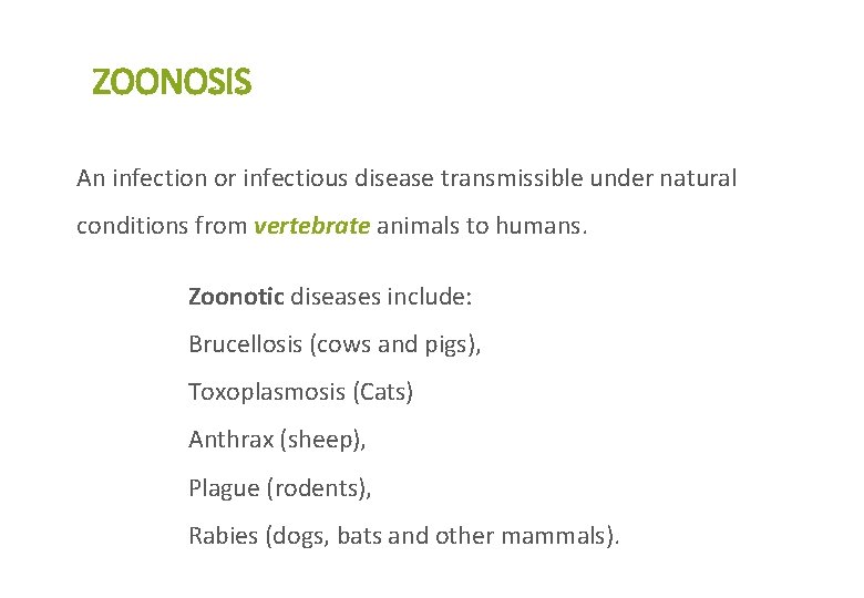 ZOONOSIS An infection or infectious disease transmissible under natural conditions from vertebrate animals to ZOONOSIS An infection or infectious disease transmissible under natural conditions from vertebrate animals to