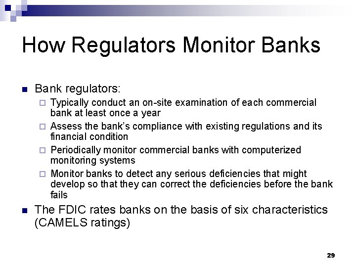 How Regulators Monitor Banks n Bank regulators: Typically conduct an on-site examination of each