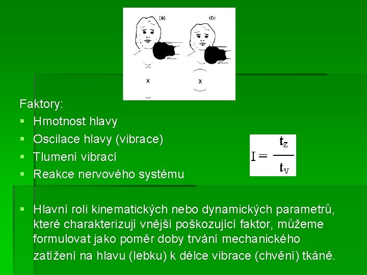 Faktory: § Hmotnost hlavy § Oscilace hlavy (vibrace) § Tlumení vibrací § Reakce nervového