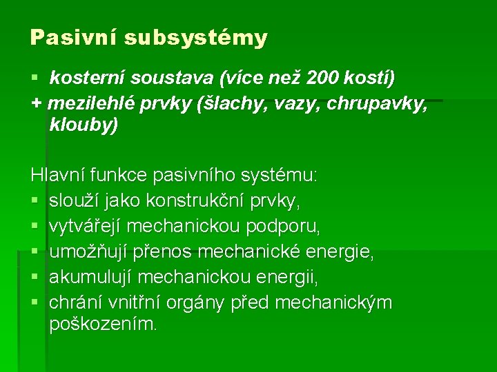 Pasivní subsystémy § kosterní soustava (více než 200 kostí) + mezilehlé prvky (šlachy, vazy,