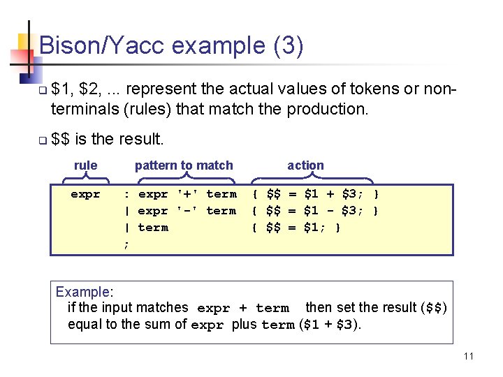Bison/Yacc example (3) q q $1, $2, . . . represent the actual values
